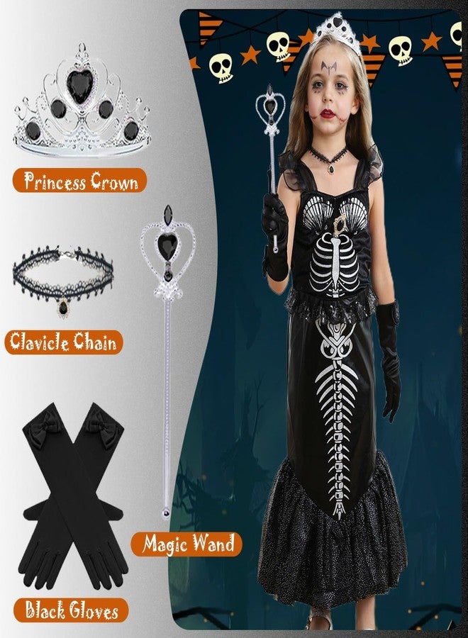Luzlen Girls Mermaid Skeleton Costume Kids Ariel Princess Black Dress Halloween Cosplay Outfits with Accessories, 4-5T(Tag 120) - Image 3